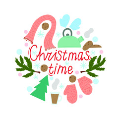 Set of Christmas elements for design. Vector Christmas illustrations and lettering.