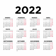 Calendario 2022 español. Semana comienza el lunes - obrazy, fototapety, plakaty