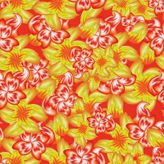 Seamless sketch, tropical flower and leaves summer print fashionable texture with colorful plant and leaves on red background. Colorful stylish floral. Floral background. Exotic summer design. beach