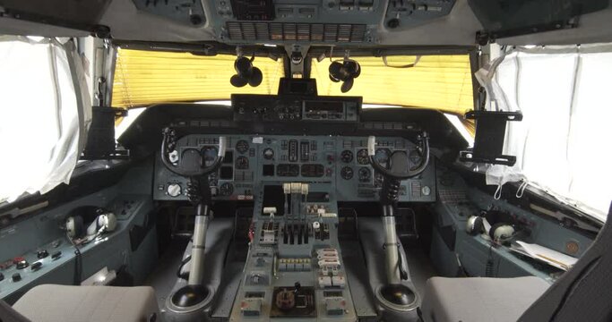 The cockpit and the control panels and the control room of the Russian cargo airplane,  Antonov an-225 Mriya