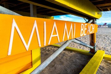 Miami Beach sign on Lifeguard tower