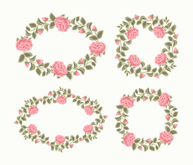 Set of vintage rose flower wreath and spring floral frame elements for card decoration