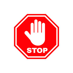 Simple red stop roadsign with big hand symbol or icon vector illustration