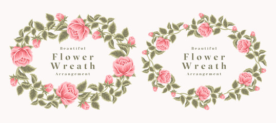 Set of vintage rose flower wreath and spring floral frame elements for wedding invitation