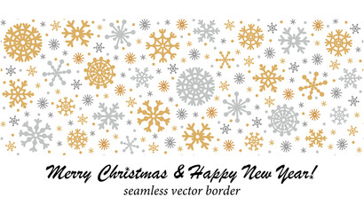 Snowflakes seamless vector border. Hand-drawn horizontal pattern. Gold, silver crystals of ice on a white background. Cozy winter banner. Festive concept for decoration, postcard design, web.