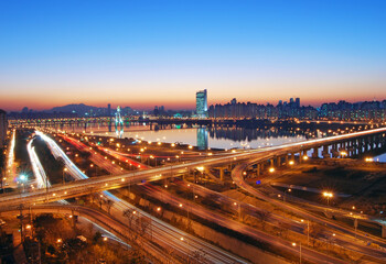 Fototapeta na wymiar Riverside road night view of Han River in Seoul, Korea