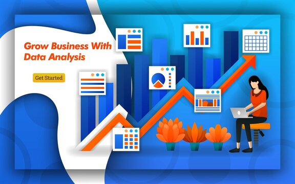 Illustration Of Grow Business With Data Analysis. Up Arrow Indicates Sales And Trafic. Professional Accounting Provide Virtual Bookkeeping Services For All Accounting Service Basics. Flat Vector Style