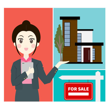 Realtor with for sale house vector illustration
