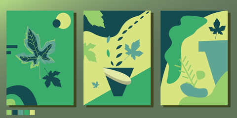 Green floral wall art collection. shapes on green pastel color , suitable to print on poster to decoration your room. 
