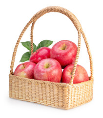 Pink Apple in basket isolated on white background, Fresh Pink Apple with leaf on white background,  With clipping path.