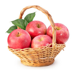 Pink Apple in basket isolated on white background, Fresh Pink Apple with leaf on white background,  With clipping path.