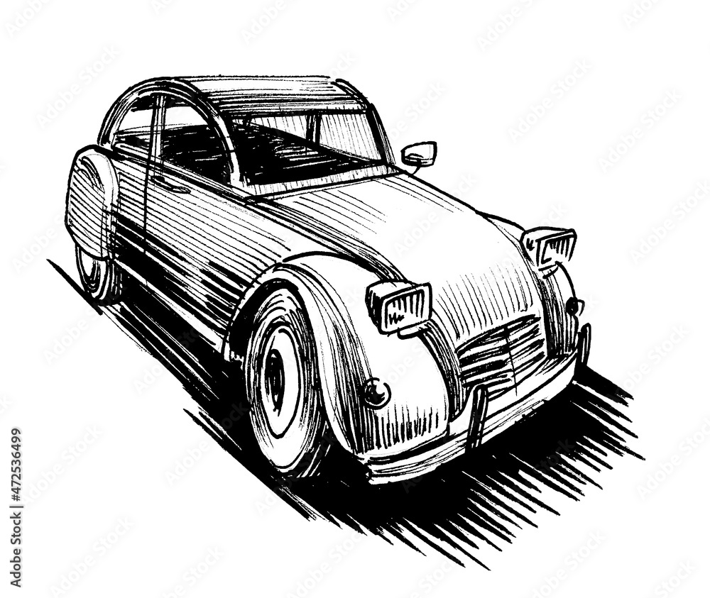 Wall mural ink black and white drawing of a vintage european car