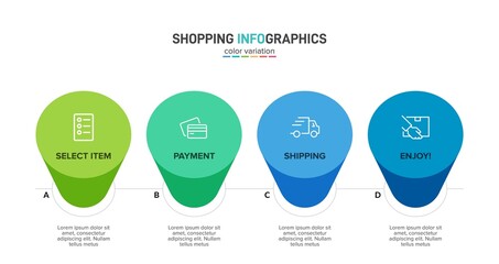 Concept of shopping process with 4 successive steps. Four colorful graphic elements. Timeline design for brochure, presentation, web site. Infographic design layout.