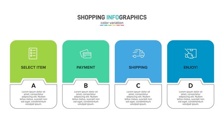 Concept of shopping process with 4 successive steps. Four colorful graphic elements. Timeline design for brochure, presentation, web site. Infographic design layout.