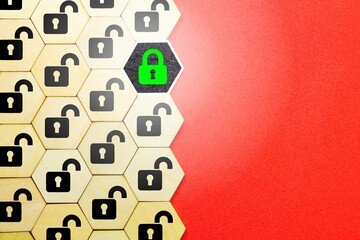 a hexagon with a lock icon opened and one locked. padlock for cybersecurity. the concept of safety