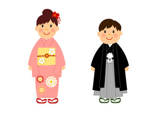 着物を着た女の子と男の子のイラスト。七五三のシーン。