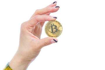 Plakat Closeup of woman hand holding physical bitcoin cryptocurrency isolated on white background. Concept of money, dividends, investments, mining
