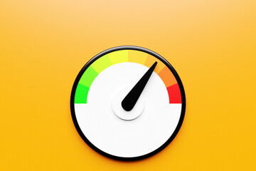 3d illustration of speed measuring speed icon. Colorful speedometer icon, speedometer pointer points to orange  normal color