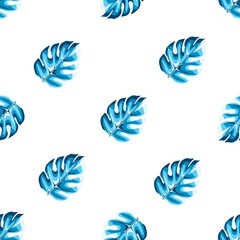 Fototapeta na wymiar Tropical seamless pattern with abstract monstera plants leaves on white background. Hawaiian style. Seamless pattern with monochromatic monstera leaf. blue monochromatic stylish. Exotic Summer print