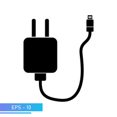 A power supply for charging a smartphone with a wire. A charging device for gadgets. The illustration is solid black. Vector illustration.