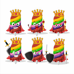 A Charismatic King gummy candy rainbow cartoon character wearing a gold crown