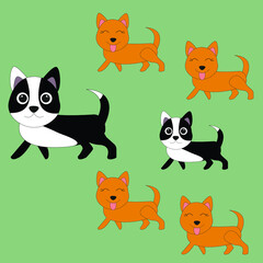 Cute animals dogs happy family, with father and children, daughters and son on green isolated background, vector illustration.
