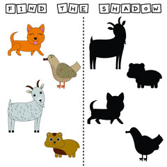 Find a pair or shadow  game with funny  dog, chicken, goat, hamster.  Worksheet for preschool kids, kids activity sheet, printable worksheet 
