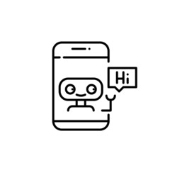 Personal virtual assistant in a smartphone. Artificial intelligence cute robot saying hi in a chat. Pixel perfect, editable stroke