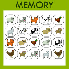 Memory game for children. The set includes cards with  pets. Cut and look for paired pictures