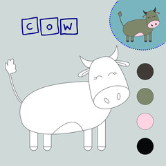 Coloring book of a cheerful pet cow. Educational creative games for preschool children