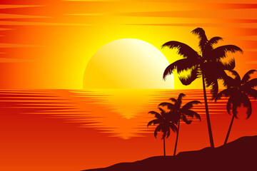 Beautiful sunset. Sunset view with coconut tree silhouette. Beach sunset vector illustration 