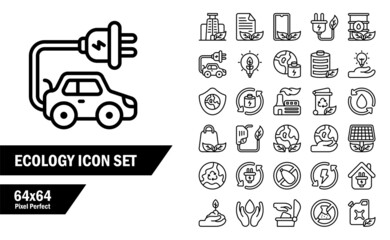 Ecology Icon set isolated on white background. Outline style icon. 64x64 pixel perfect. Signs and symbols can be used for web, logo, mobile app, UI, UX