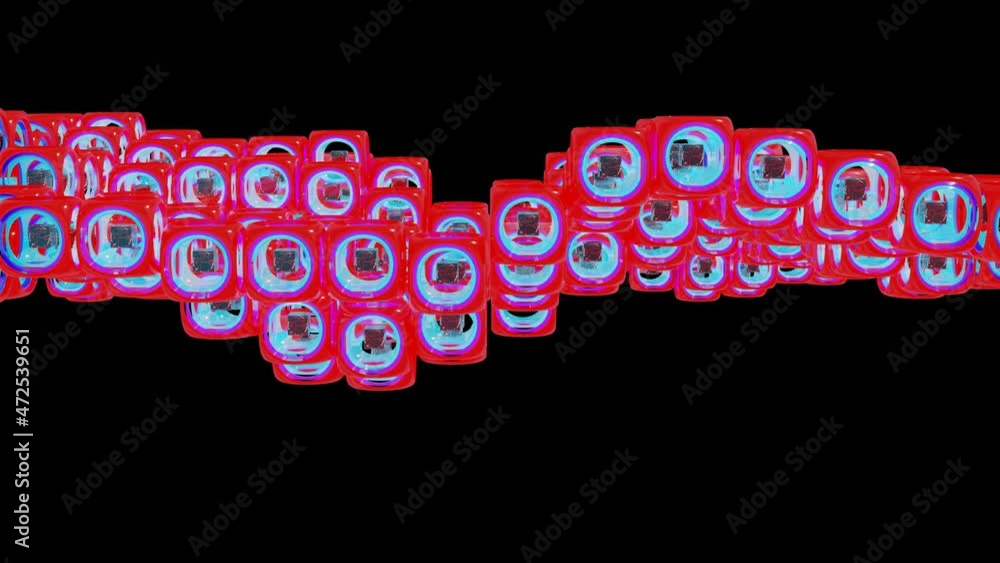 Aufkleber multicolored rows of moving cubic figures on a black background. abstract looping animation. 3d rend
