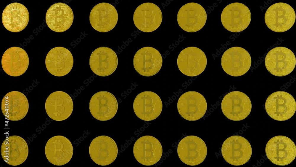 Poster rows of stylized coins with the bitcoin symbol slowly rotated on a black background. cryptocurrency 