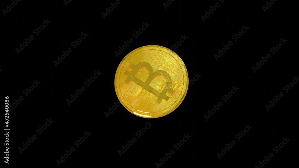 Poster stylized coin with bitcoin symbol turns slowly on a black background. cryptocurrency mining concept.