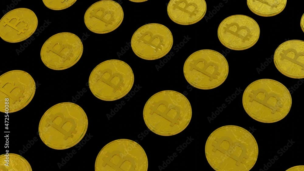 Poster rows of stylized coins with the bitcoin symbol slowly rotated on a black background. cryptocurrency 