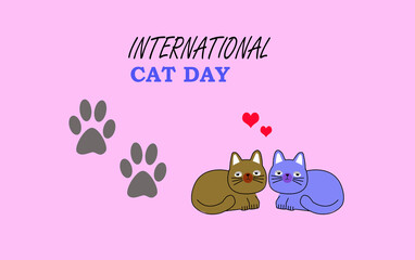 drawing of cats with lettering international cat day for World cat day on pink background,