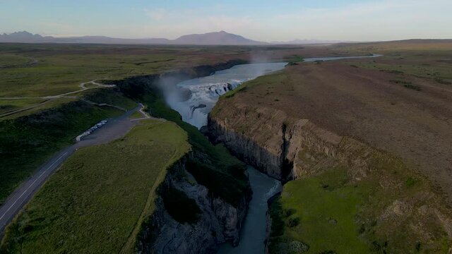 Beautiful cinematic aerial view of Iceland Gullfoss waterfall in the Golden Circule