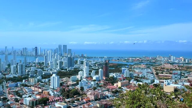 Colombia, scenic view of Cartagena cityscape, modern skyline, hotels and ocean bays Bocagrande and Bocachica from the lookout hill of Santa Cruz convent (Convento de la Popa).