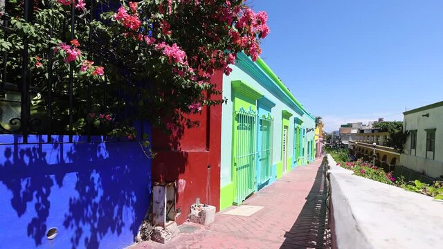 Mexico, Mazatlan, Colorful old city streets in historic city center near El Malecon promenade, ocean shore Zona Hotelera Hotel Zone and central Mazatlan Basilica cathedral.