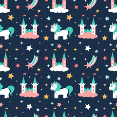cute vector seamless pattern with princesses, unicorns, stars and castles. childish pattern in flat style for printing on fabric, wallpaper, clothing