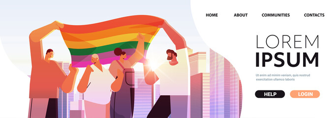 people with lgbt rainbow flag walking on city street gay lesbian love parade pride festival transgender love