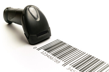 Barcode scanning. Reader laser scanner for warehouse. Retail label barcode scan isolated on white background. Warehouse inventory management.