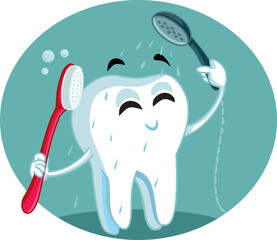 Tooth Character Showering and Brushing Vector Cartoon Illustration