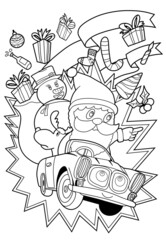 Santa Claus with Reindeer and Iceman are driving presents.