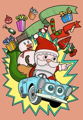 illustration Santa Claus with Reindeer and Iceman are driving presents.