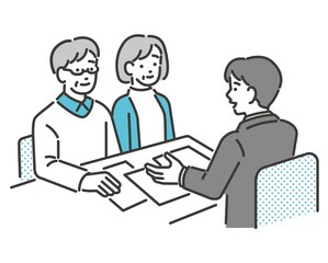 シニア夫婦のお客様に説明や提案をするビジネスパーソンのベクターイラスト素材／サラリーマン／説明／保険