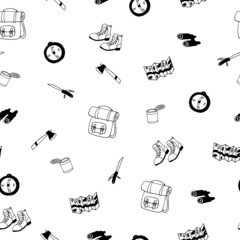 camp seamless pattern. hand drawn doodle. vector, scandinavian, nordic, minimalism, monochrome. hike, canned food, backpack. wallpaper, textile, background, wrapping paper.