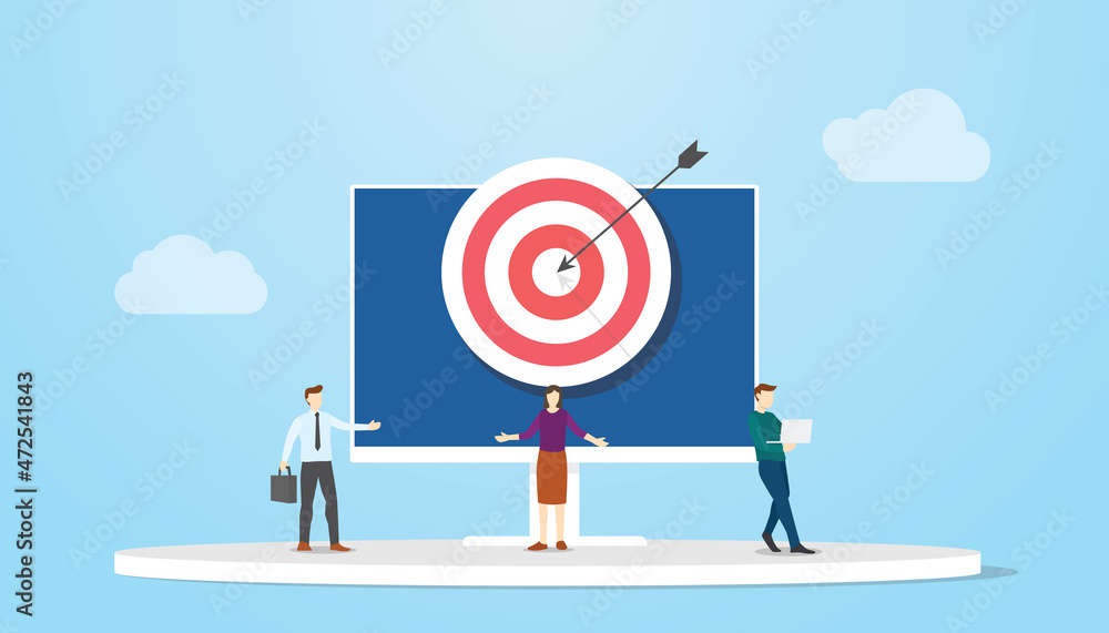 Poster digital targeting or target concept with people and goals on monitor screen desktop with modern flat