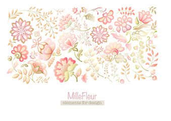 A lot of different fantasy flowers. Millefleurs trendy floral design. Blooming midsummer meadow Clip art, set of elements for design Vector illustration. Gradients colors